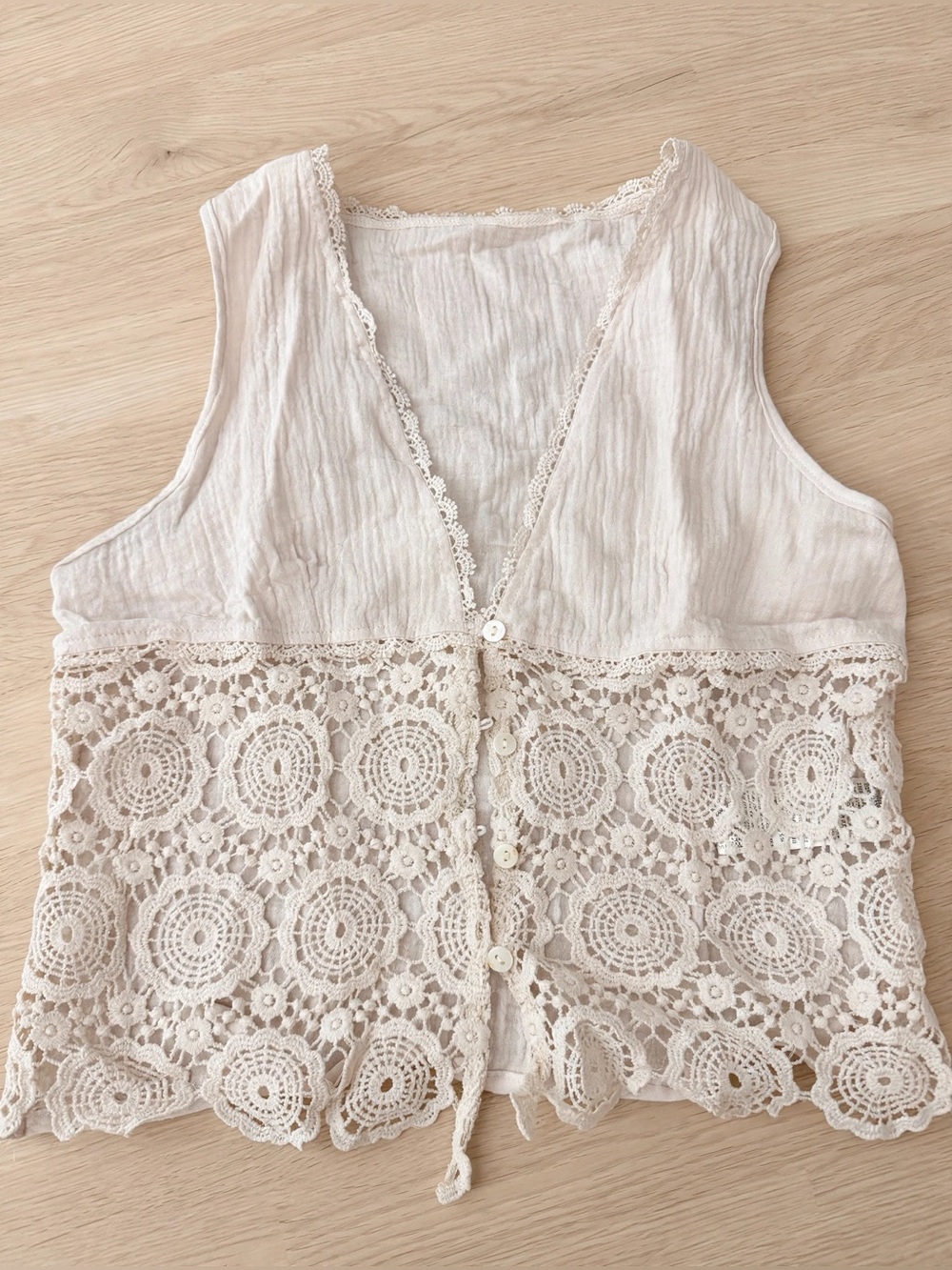 SHEIN Crochet Lace Panel V-Neck Button Top Off-White